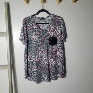 NWOT HEIMISH USA WOMEN'S LEOPARD PRINT SEQUIN POCKET BLOUSE SIZE LARGE